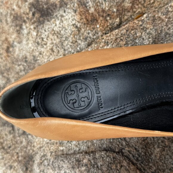 Tory Burch Womens 7.5 Pacey Wedge Pump Shoe Cap Toe Tan Leather - Picture 5 of 11